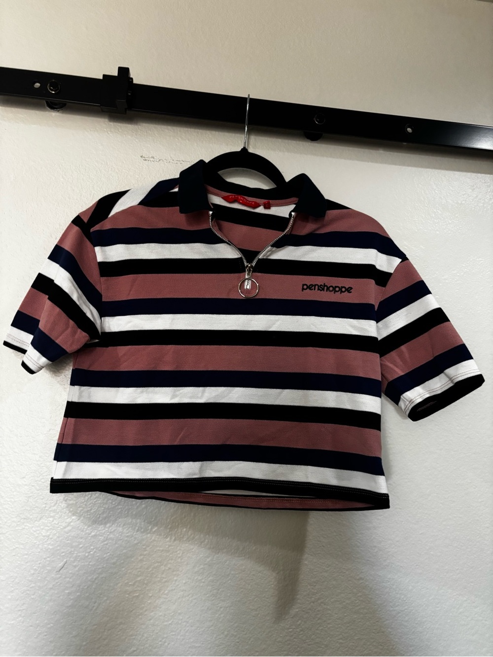 Girls' Striped Polo Crop Top - Pink, Navy & White